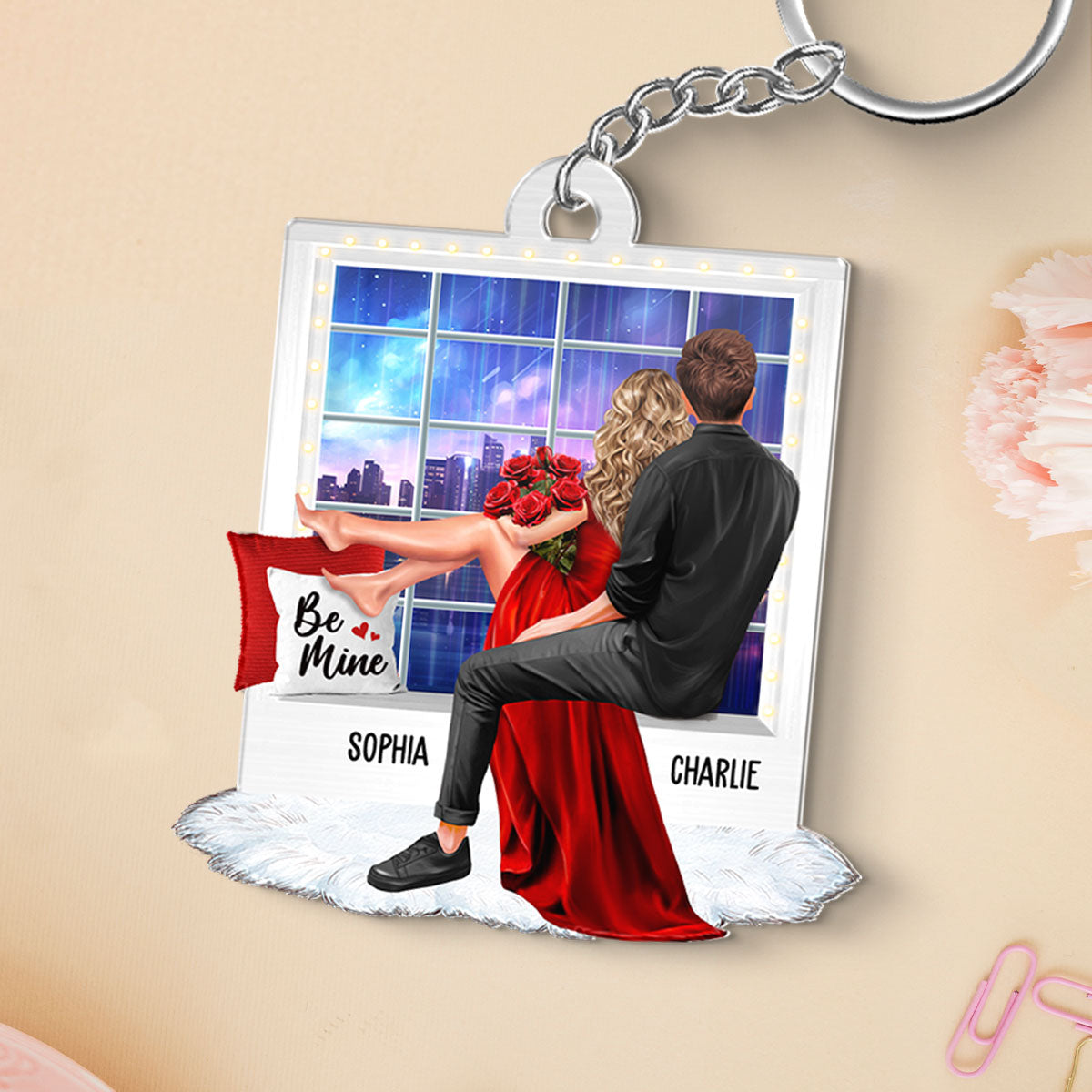 Embracing Couples On Window Personalized Acrylic Keychain, Gift, Anniversary Gift for Couples
