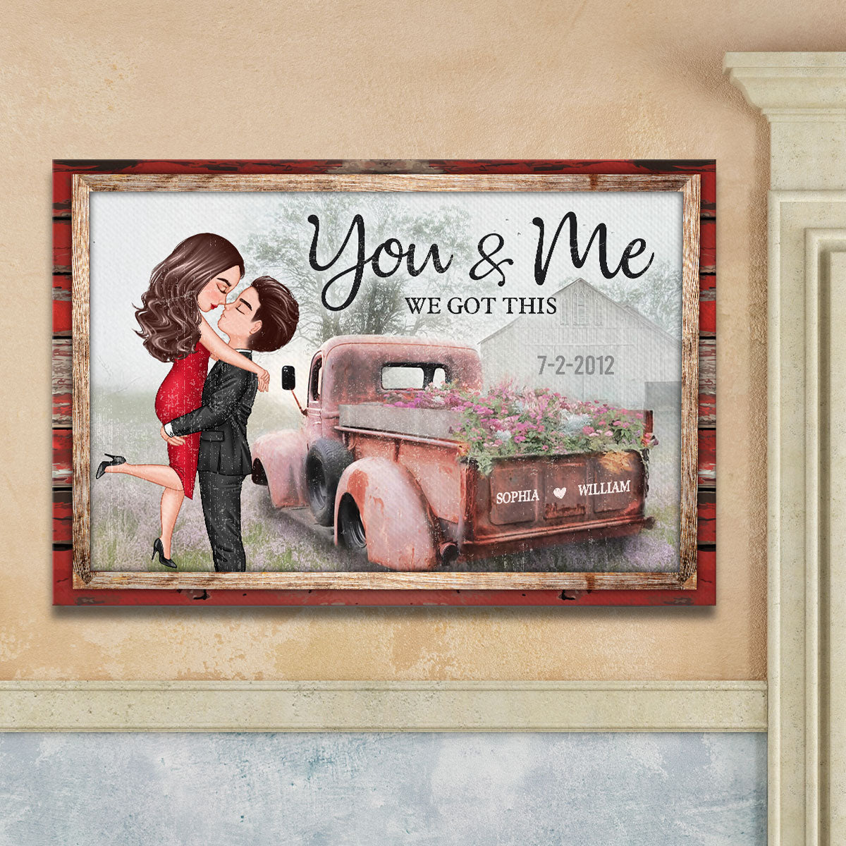 Red Vintage Truck Farmhouse Couple Hugging Kissing Personalized Canvas Print, Anniversary Gift For Him, For Her