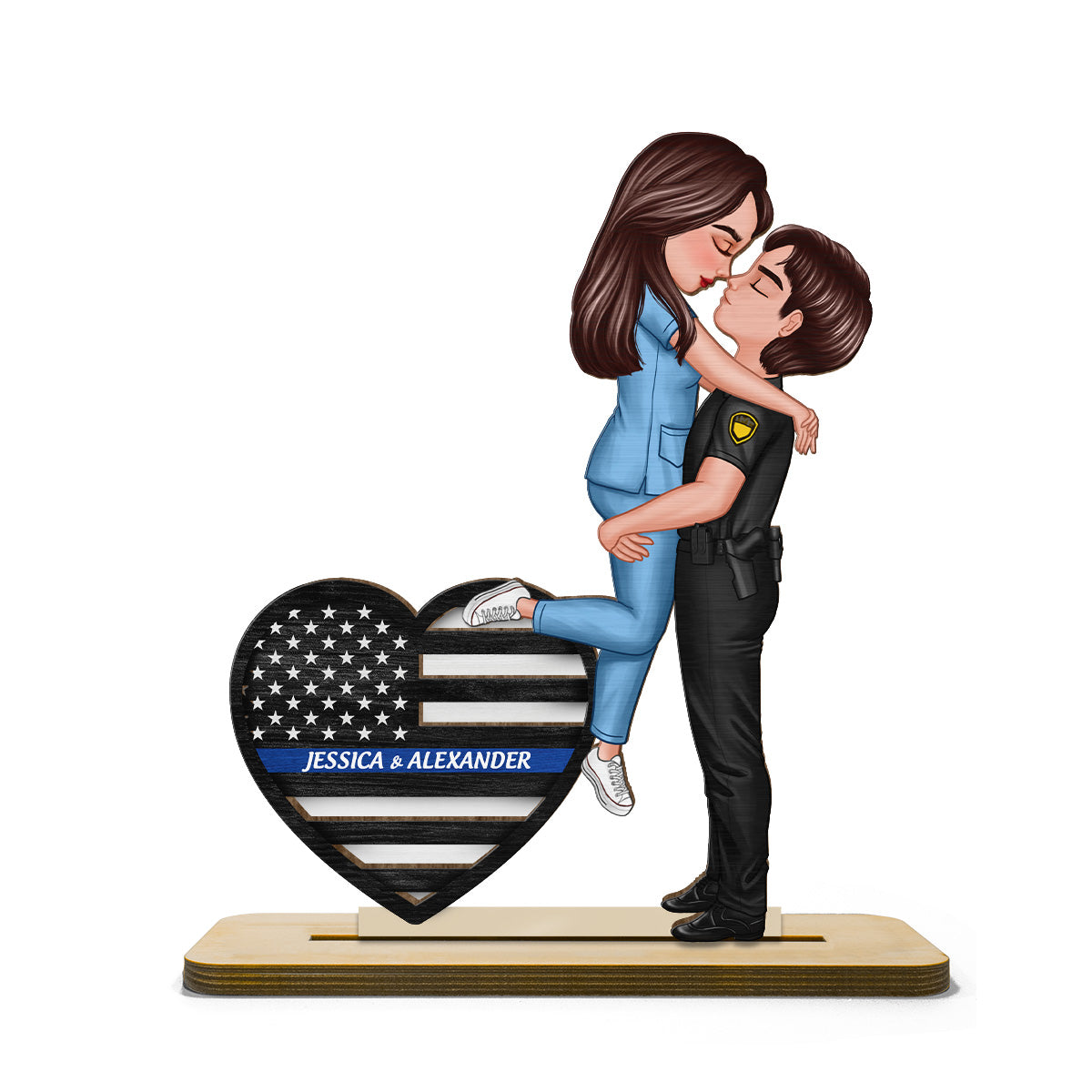 Hero Couple Hugging Kissing Keepsake Gift by Occupation Personalized 2-Layer Standing Wooden Plaque