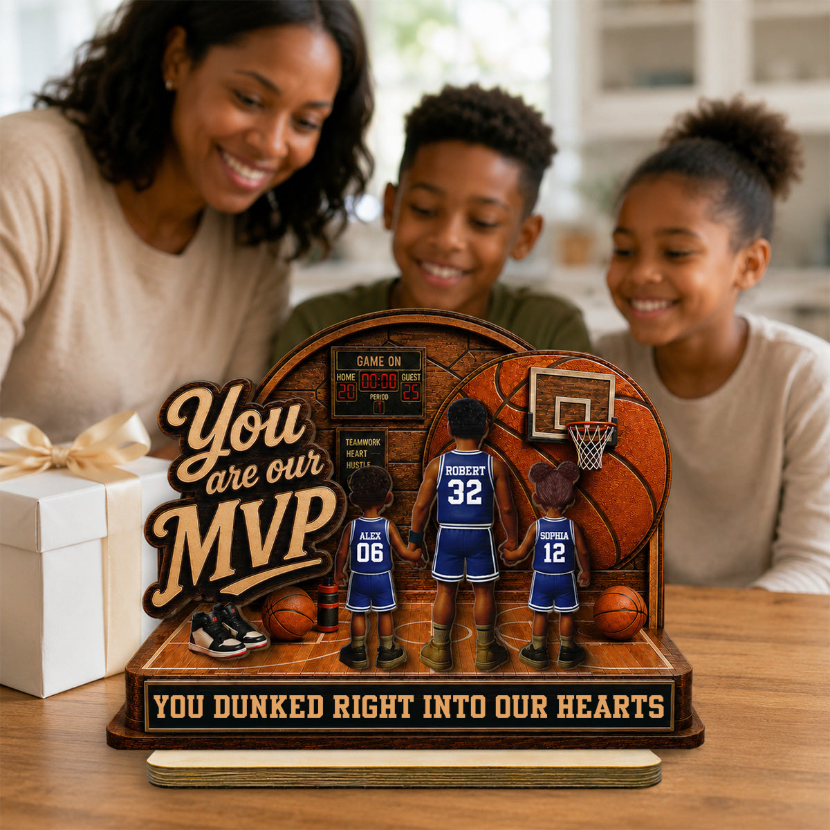You Are Our MVP Standing Basketball Man & Kids 2D Flat - Personalized 2-Layered Wooden Plaque - Gift For Basketball Dad