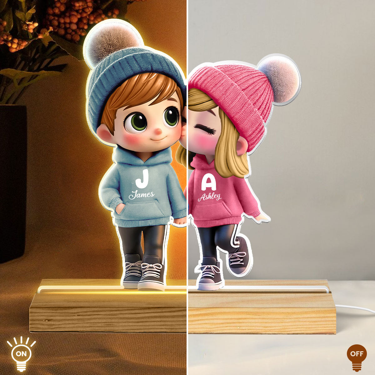 3D Effect Cute Cartoon Couple Walking Personalized Custom Shaped LED Night Light, Gift for Him, Gift for Her