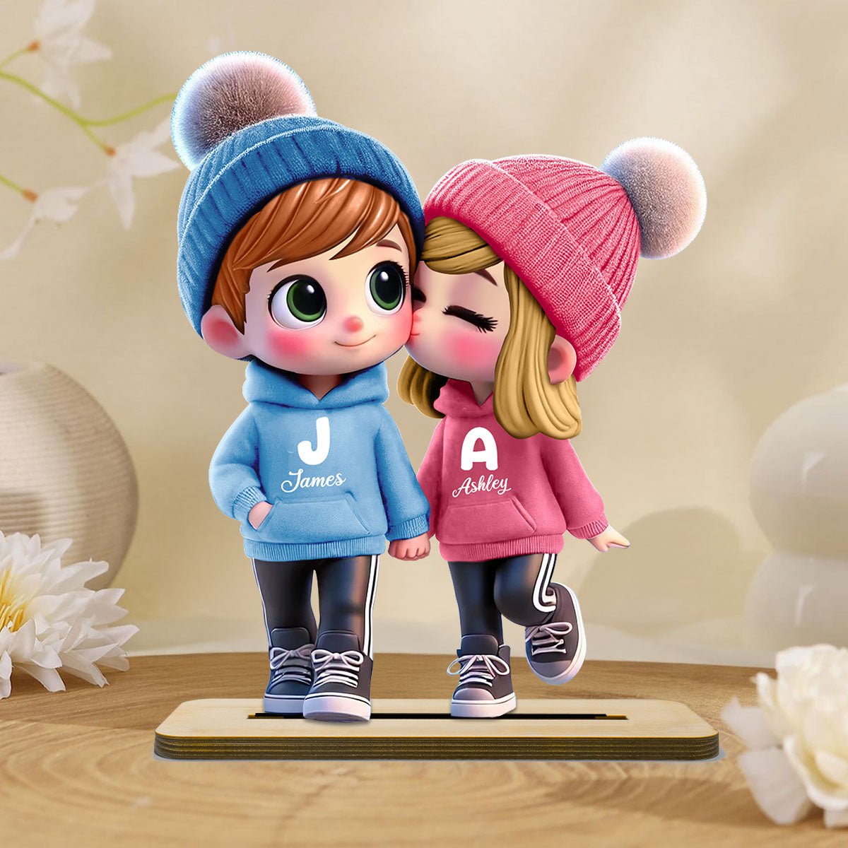 3D Effect Cute Cartoon Couple Walking Personalized Standing Wooden Plaque, Gift for Him, Gift for Her