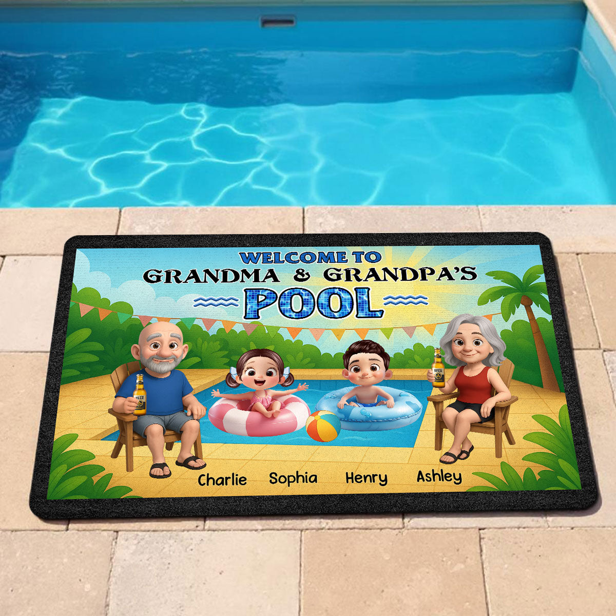 Welcome to Grandparents Pool Personalized Non-Slip Doormat, Entryway Front Porch Farmhouse Summer Grandkids Welcome Mat