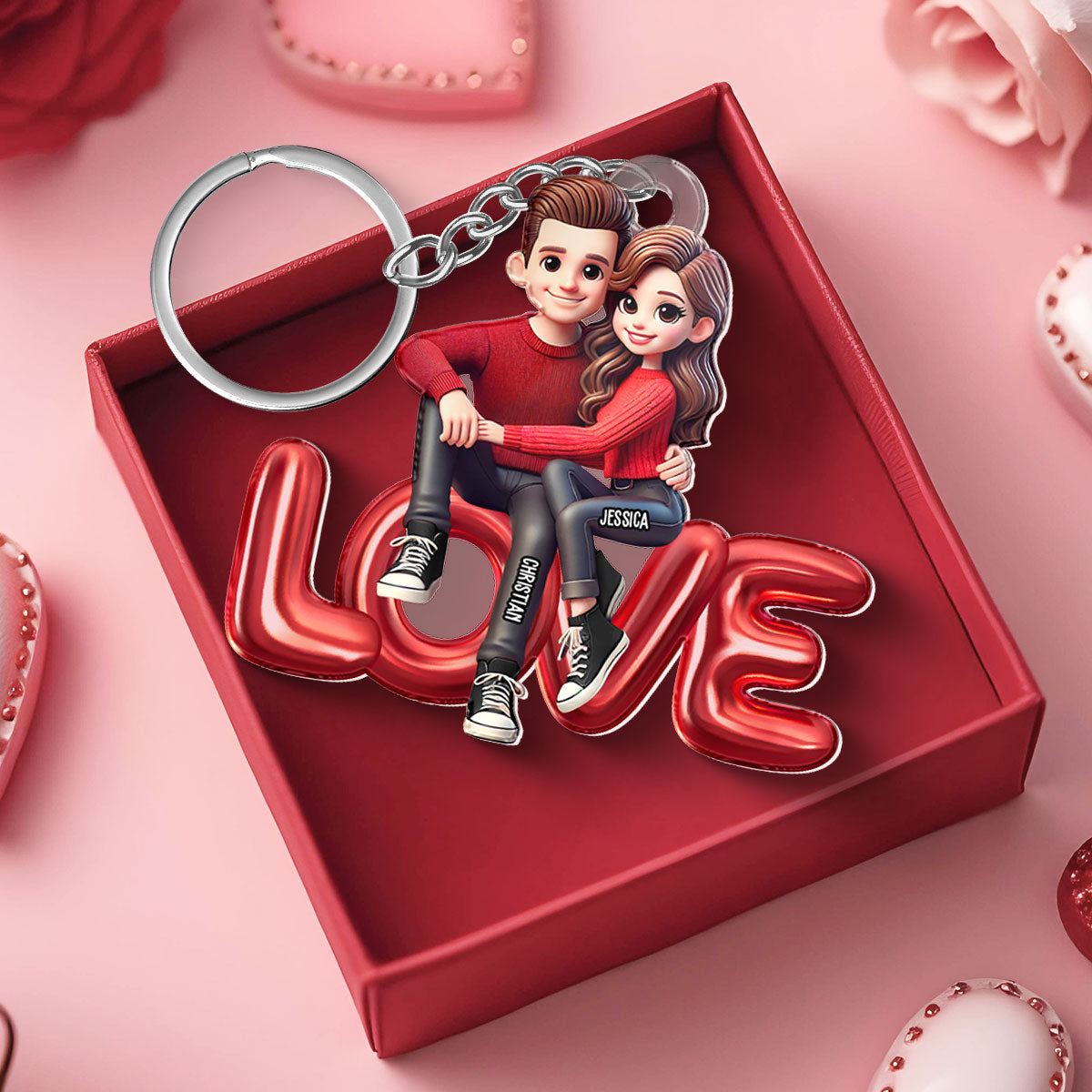 3D Effect Couple Sitting On LOVE Personalized Acrylic Keychain, gift, Anniversary Gift for Couples