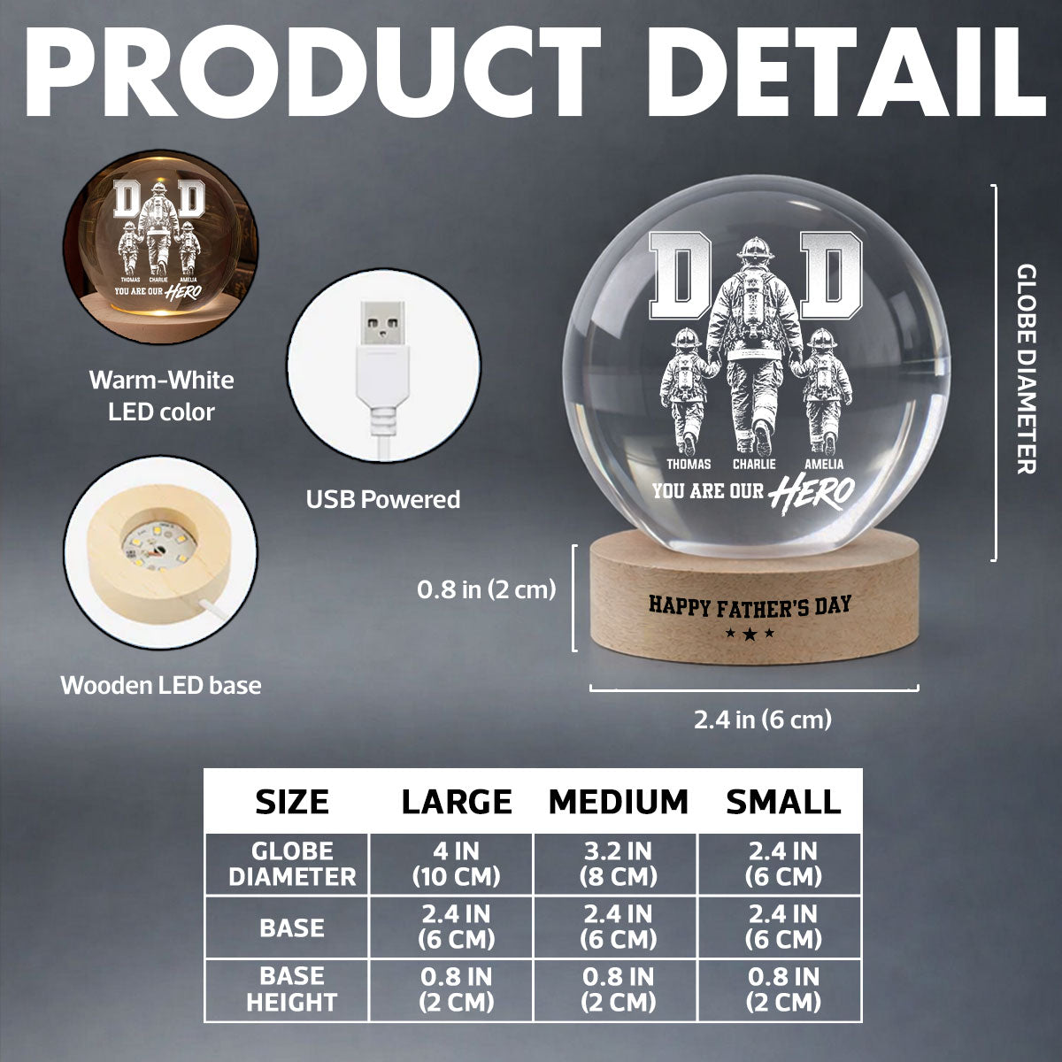 Proud Firefighter Dad You Are Our Hero - Personalized Crystal Ball LED Night Light - Gift For Dad, Husband