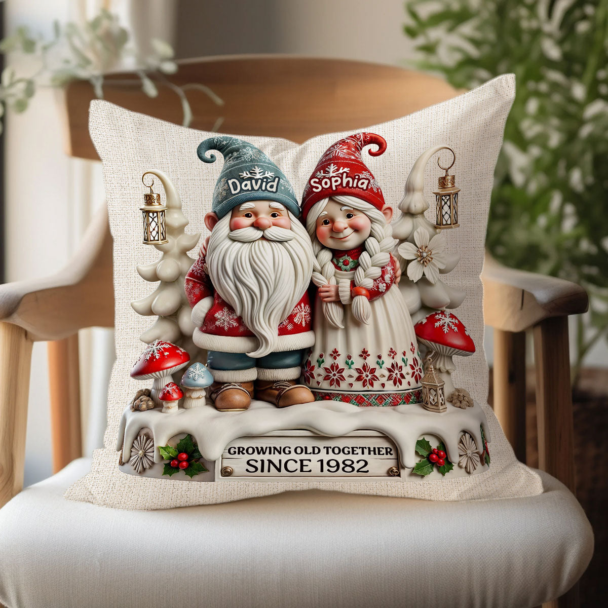 3D Effect Gnome Couple Together Personalized Pillow, Heartfelt Gift For Couple, For Him, For Her, Husband, Wife