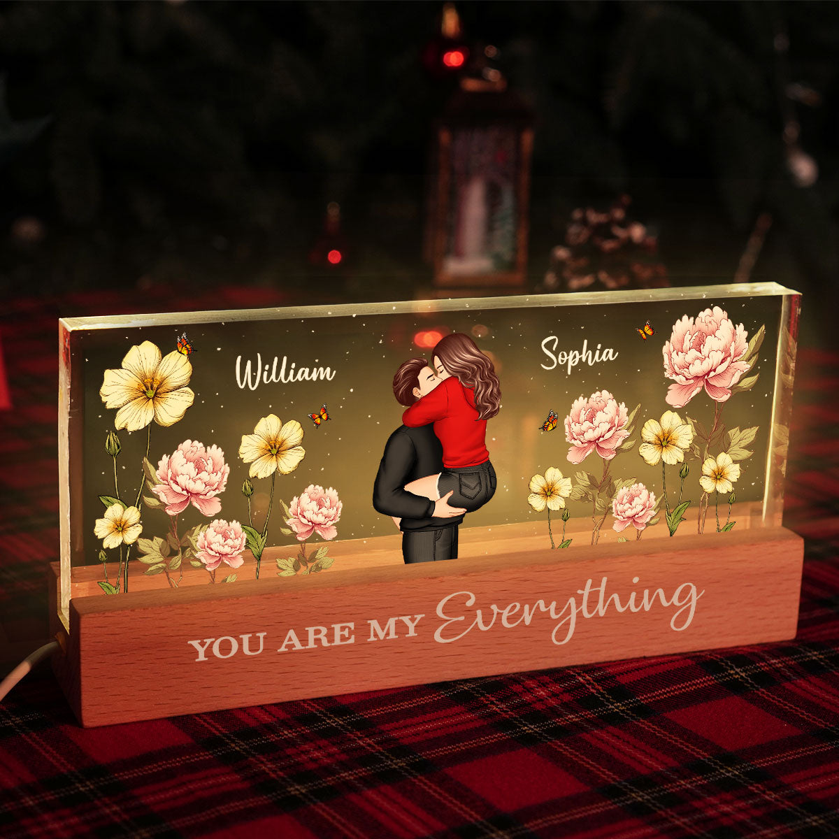 Couple Embracing Kissing Birth Month Flower Personalized Acrylic Block LED Night Light, Heartfelt 2025 Gift For Couple, For Him, For Her, Boyfriend, Girlfriend, Husband, Wife