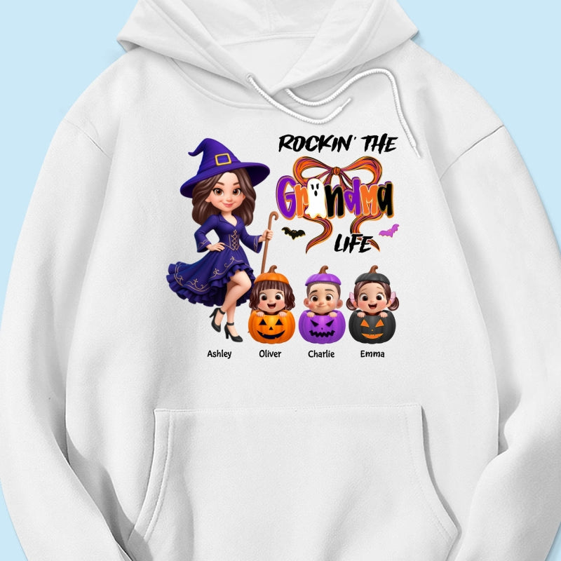 Rockin' Grandma Life Halloween Coquette Bow Grandkids Pumpkins Personalized Sweatshirt