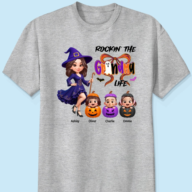 Rockin' Grandma Life Halloween Coquette Bow Grandkids Pumpkins Personalized Sweatshirt