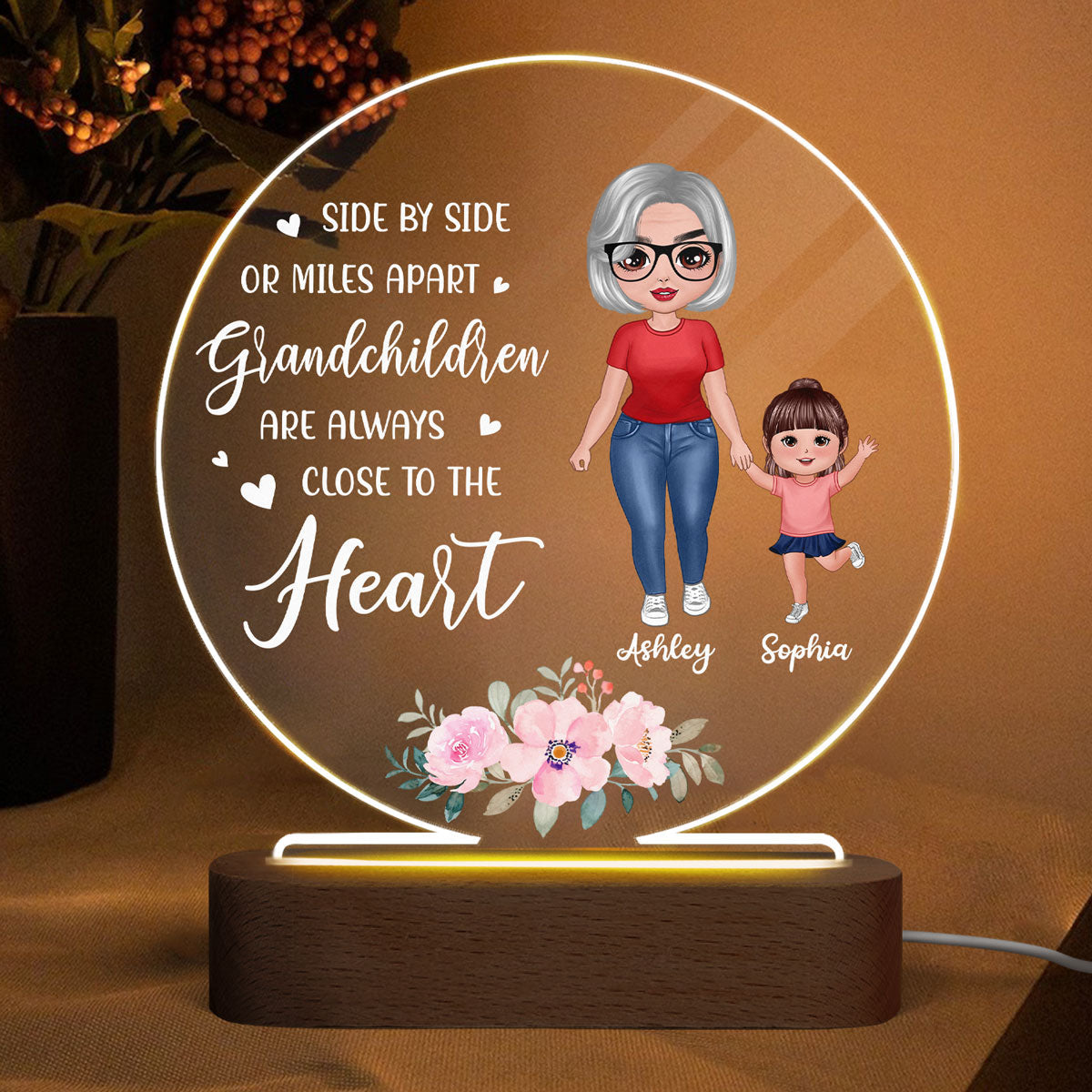 Grandchildren Are always Close To The Heart Personalized Circle Acrylic Plaque LED Night Light