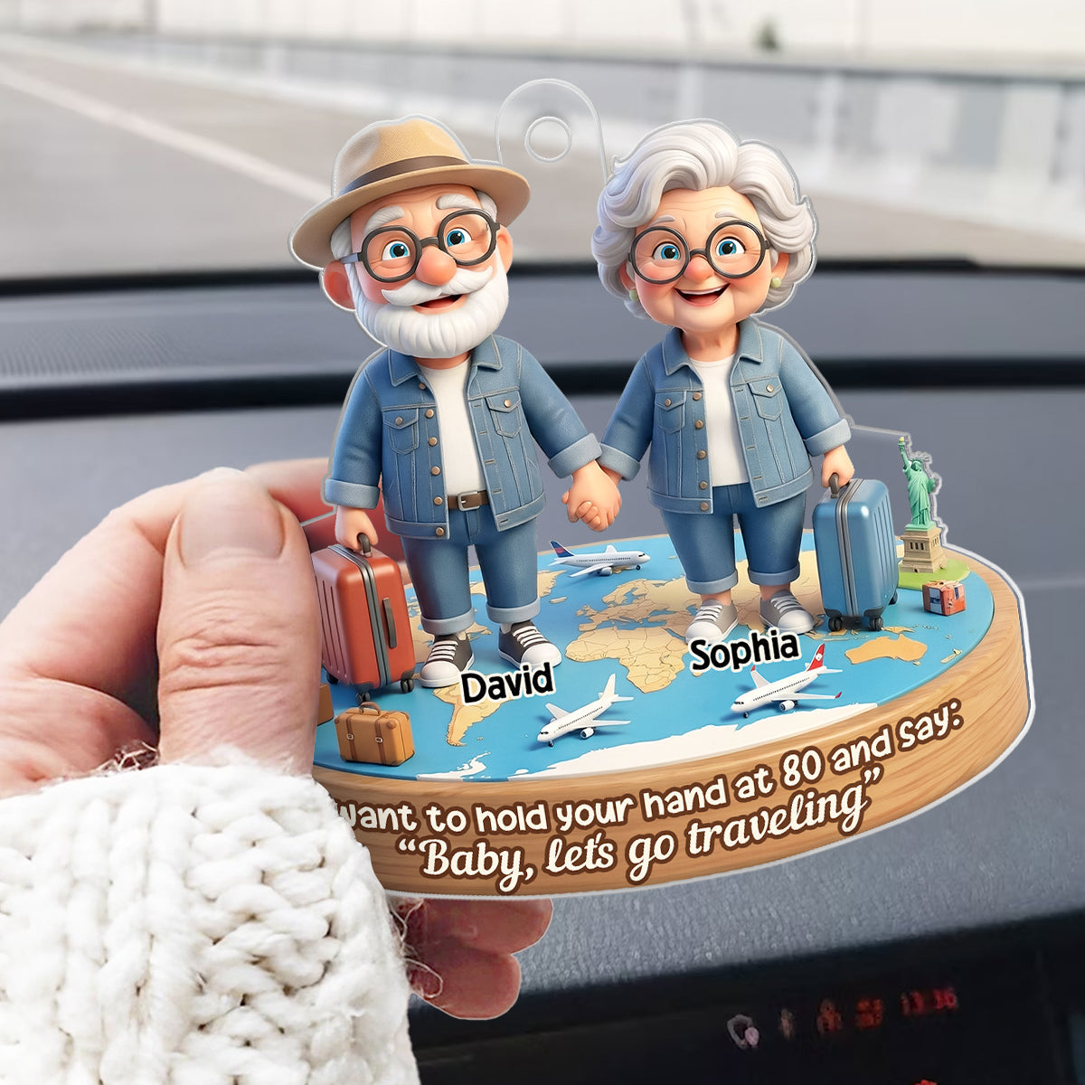 3D Effect Old Couple Baby Let's Go Traveling - Personalized Acrylic Car Hanger - Sentimental Gift for him, for her