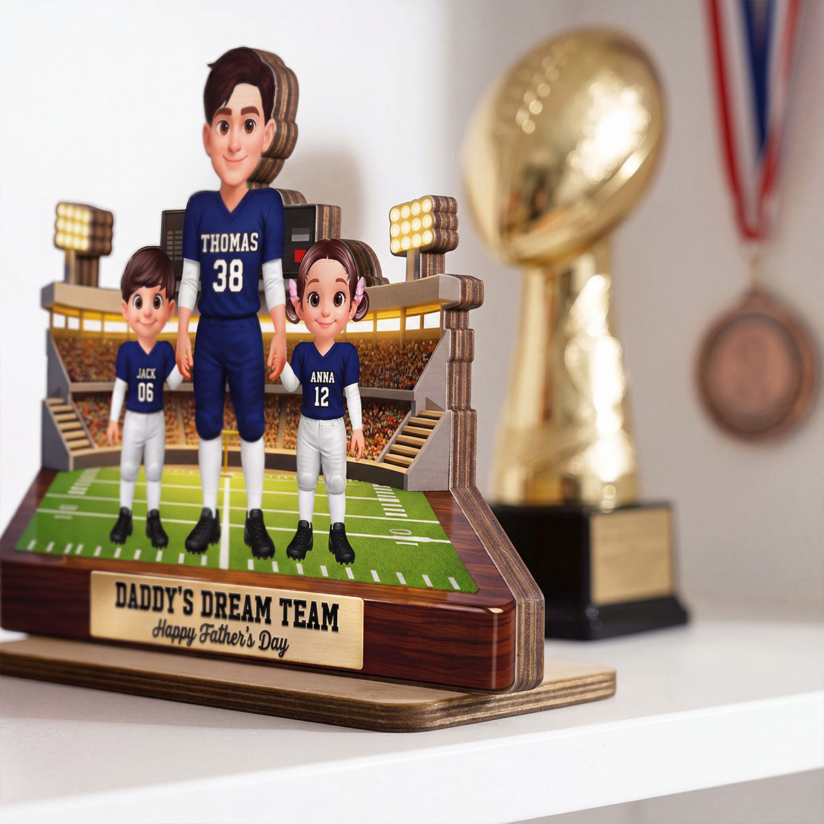 American Football Dad And Kids - Personalized 2-Layered Wooden Plaque - Gift For Dad