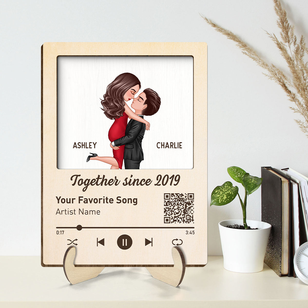 Couple Kissing Favorite Song QR Code Gift Personalized 2-layer Wooden Plaque