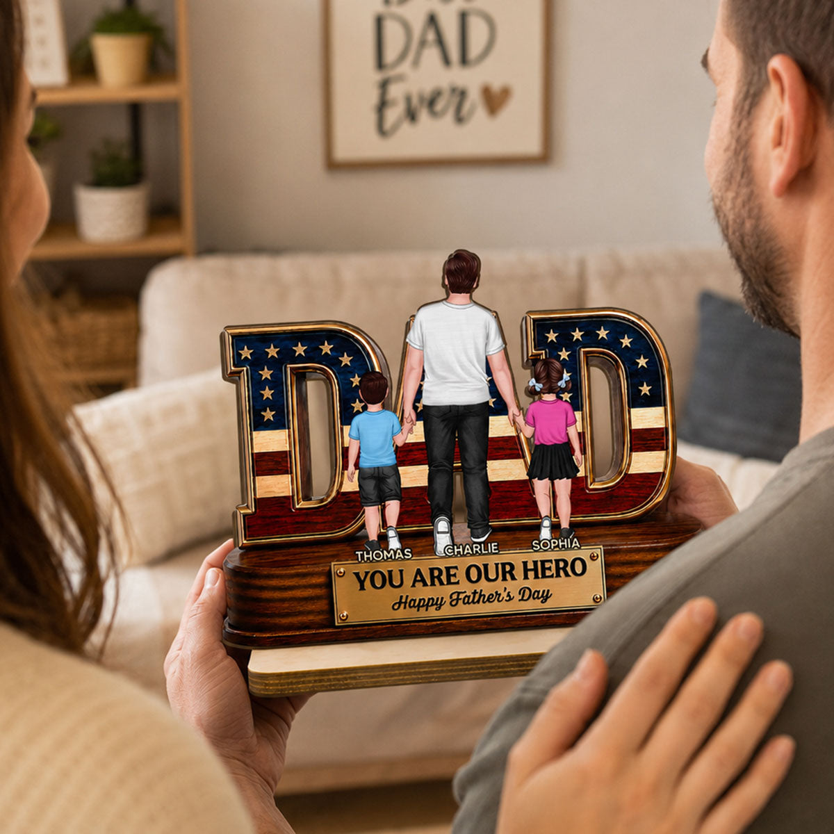 Nation Flag Dad And Kids You Are Our Hero - Personalized 2-Layered Wooden Plaque - Gift For Dad, Husband