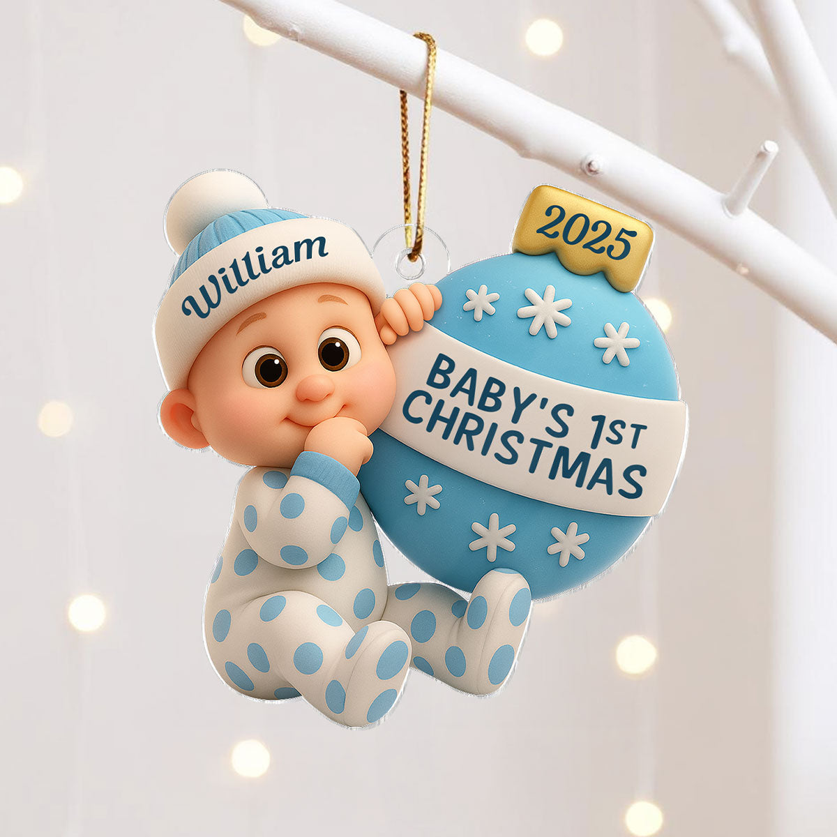 3D Effect Cute Cartoon Baby Beside Christmas Bauble Baby's 1st Christmas Personalized Acrylic Flat Ornament