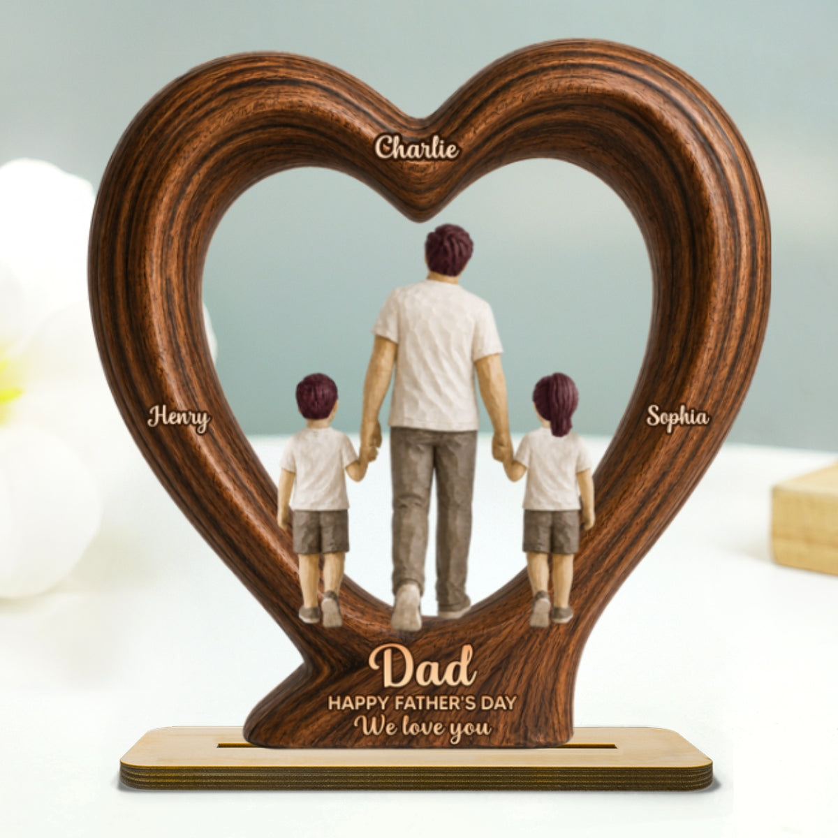 Sentimental Rustic Dad And Kids Walking In Heart 2D Flat - Personalized 2-Layered Wooden Plaque - Gift For Dad, Husband