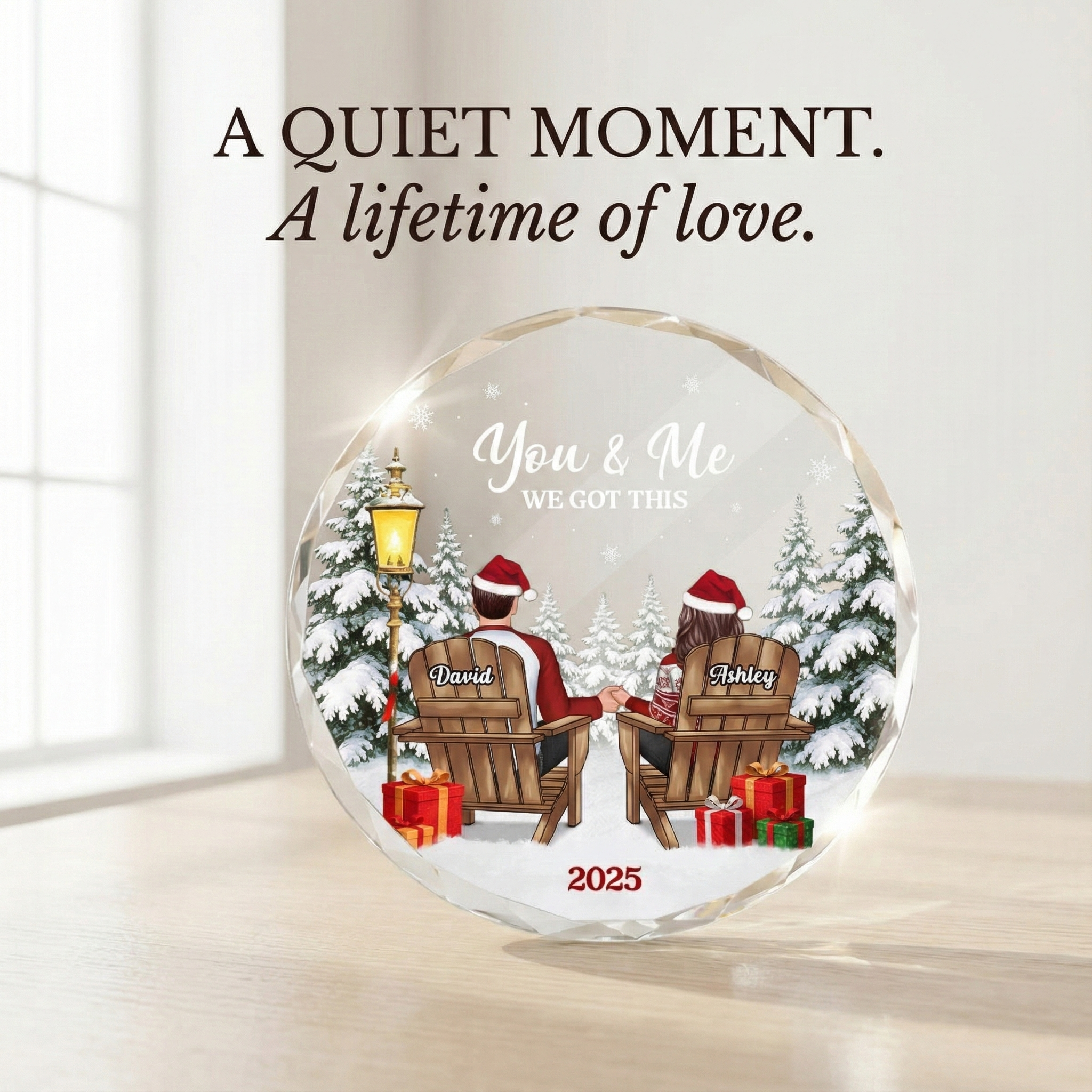 Couple Sitting Winter Landscape - Personalized Glass Ornament - Christmas Gift For Him, For Her, Anniversary Gift