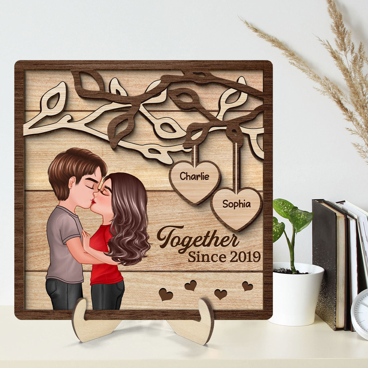 Couple Kissing Under Tree Personalized 2-Layer Wooden Plaque, Gift for Him, Gift for Her