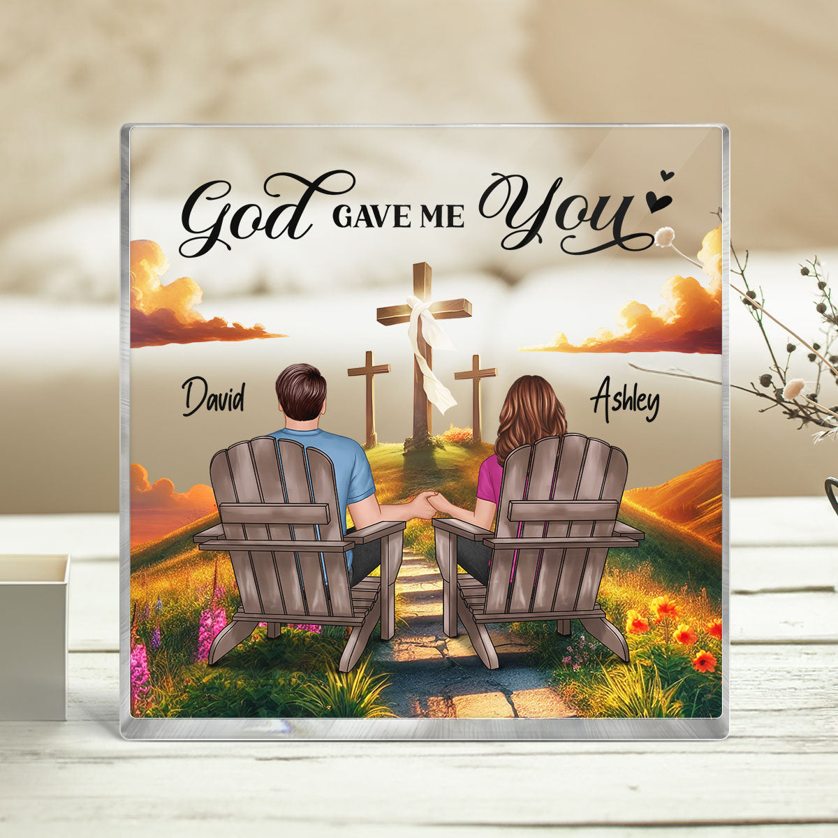 Cross God Knew My Heart Needed You Old Couple Sitting Together Personalized Acrylic Block Plaque, Anniversary Gift For Him, Her, Husband, Wife