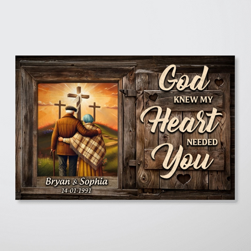 Cross God Knew My Heart Needed You Old Couple Walking Hugging Personalized Poster, Anniversary Gift For Him, Her, Husband, Wife