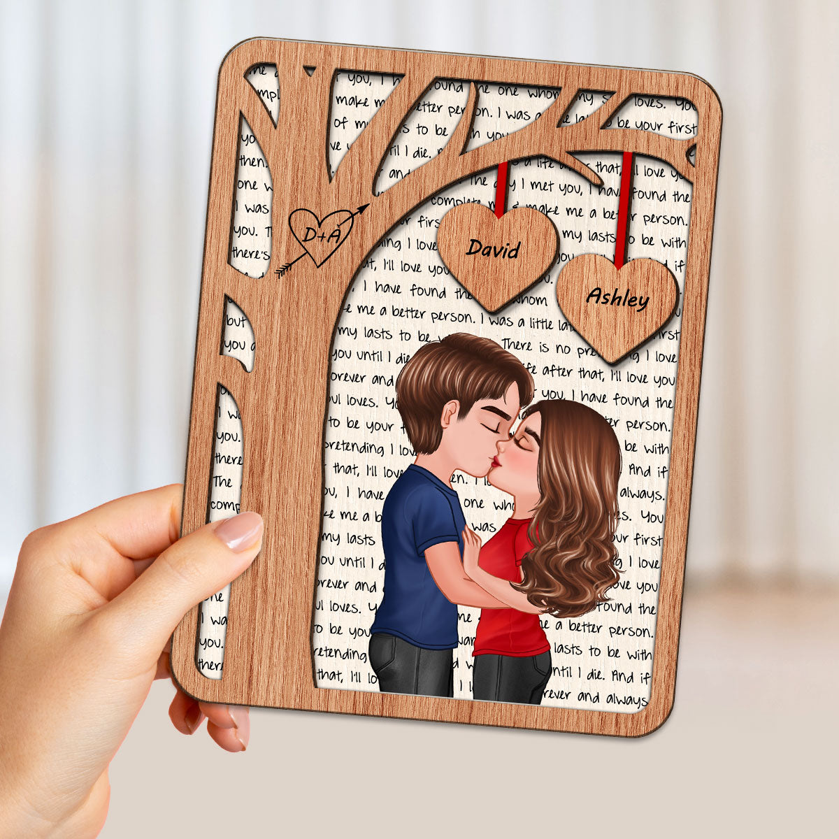 Couple Kissing Under Tree Love Gift For Him For Her Personalized 2-Layer Wooden Plaque