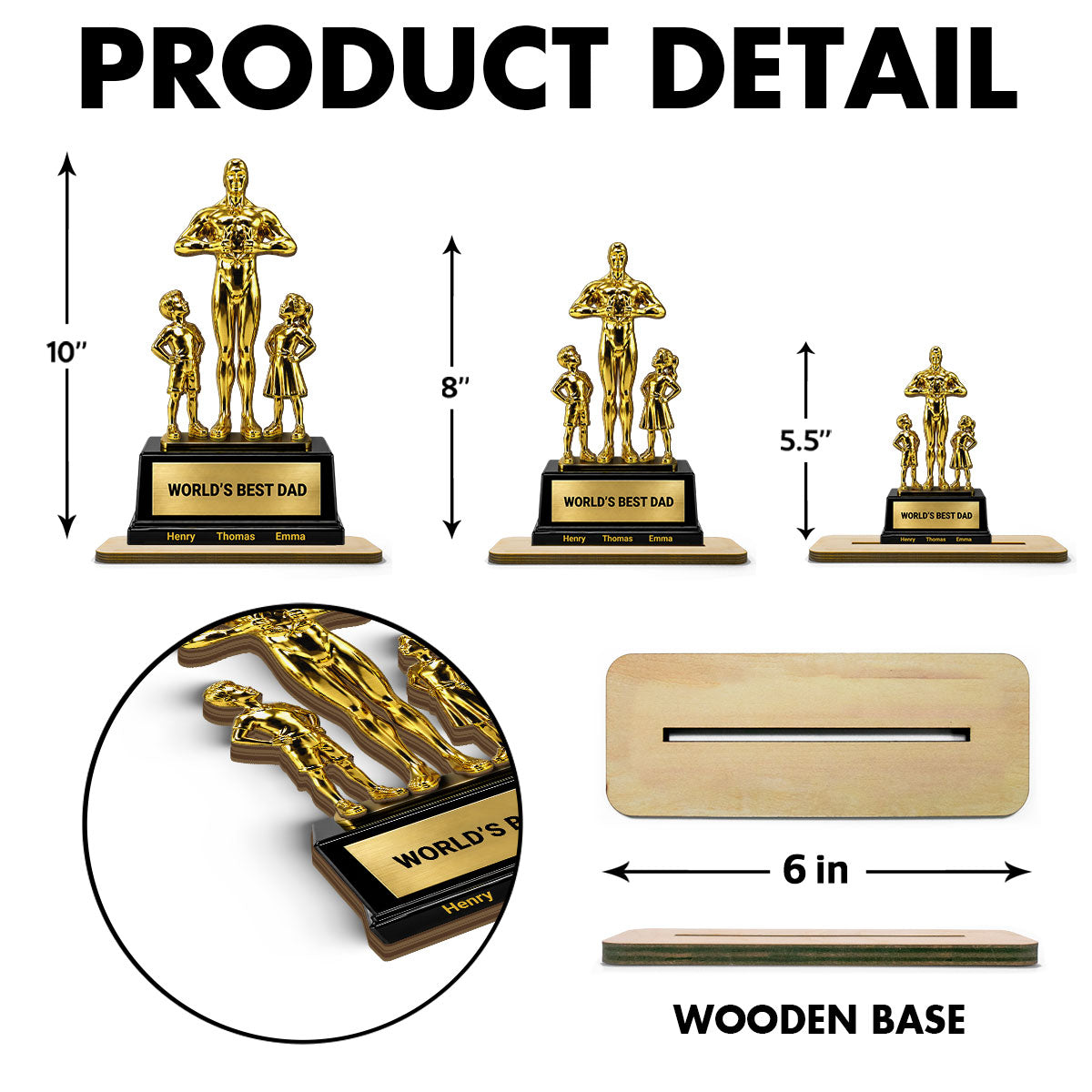 World's Best Dad Trophy - Personalized 2-Layered Wooden Plaque - Gift for Dad, Husband