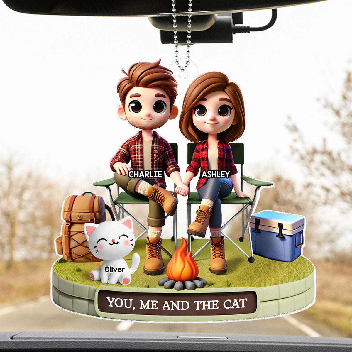 3D Effect Camping Couple And Dogs Cats Personalized Acrylic Car Hanger, Gift, Anniversary Gift, Couple Keepsake