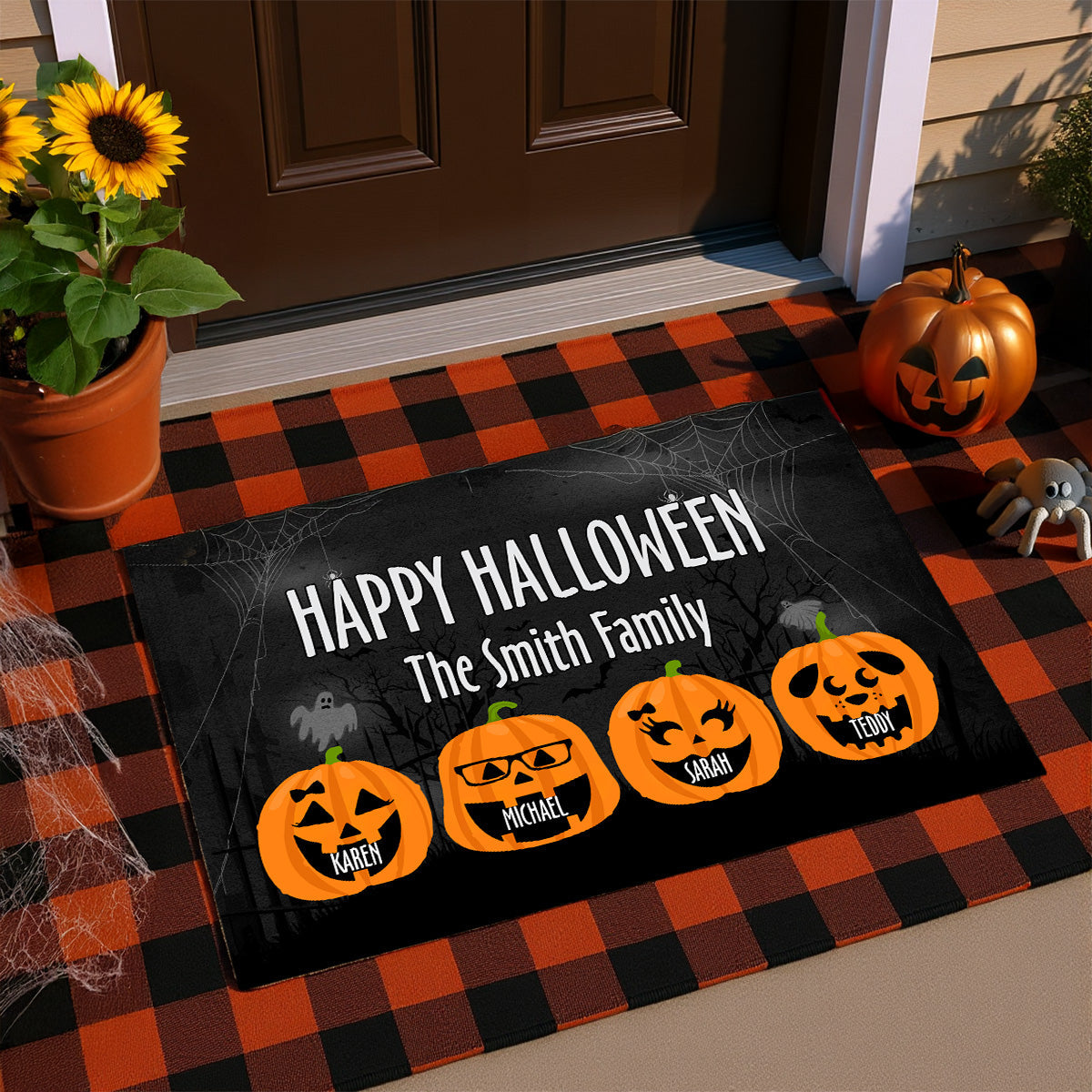 Happy Halloween Family Pumpkin Face Personalized Doormat