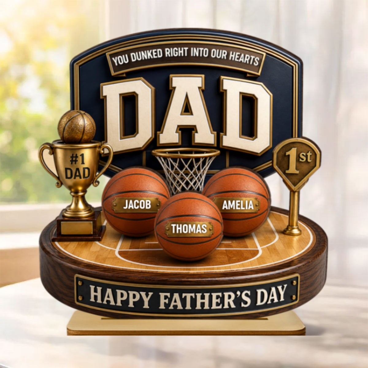 Basketball Trophy You Dunked Right Into Our Hearts - Personalized 2-Layered Wooden Plaque - Gift For Dad, Husband