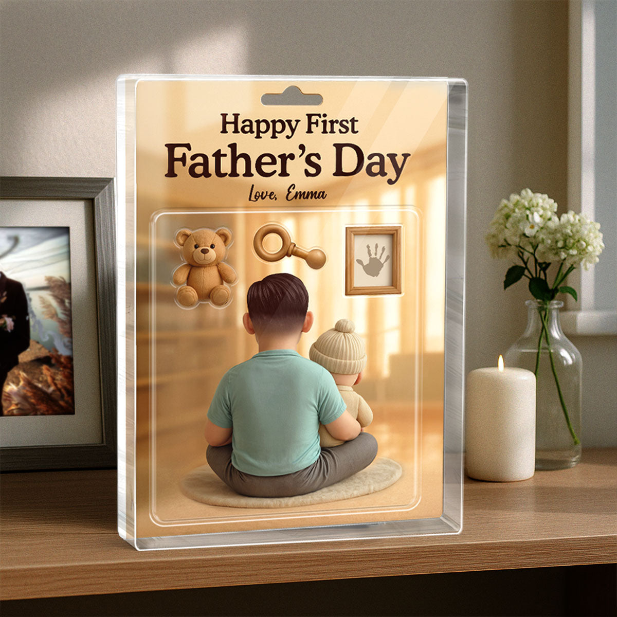 Happy First Custom Figure 3D Effect Personalized Rectangle Acrylic Block Plaque