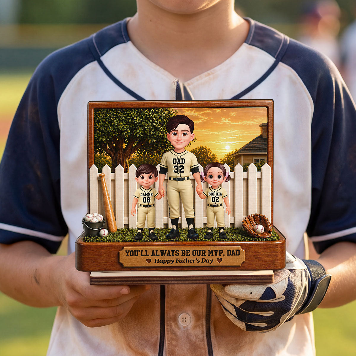 Baseball Dad And Kids Backyard We Caught The Best Dad - Personalized 2-Layered Wooden Plaque - Gift For Dad