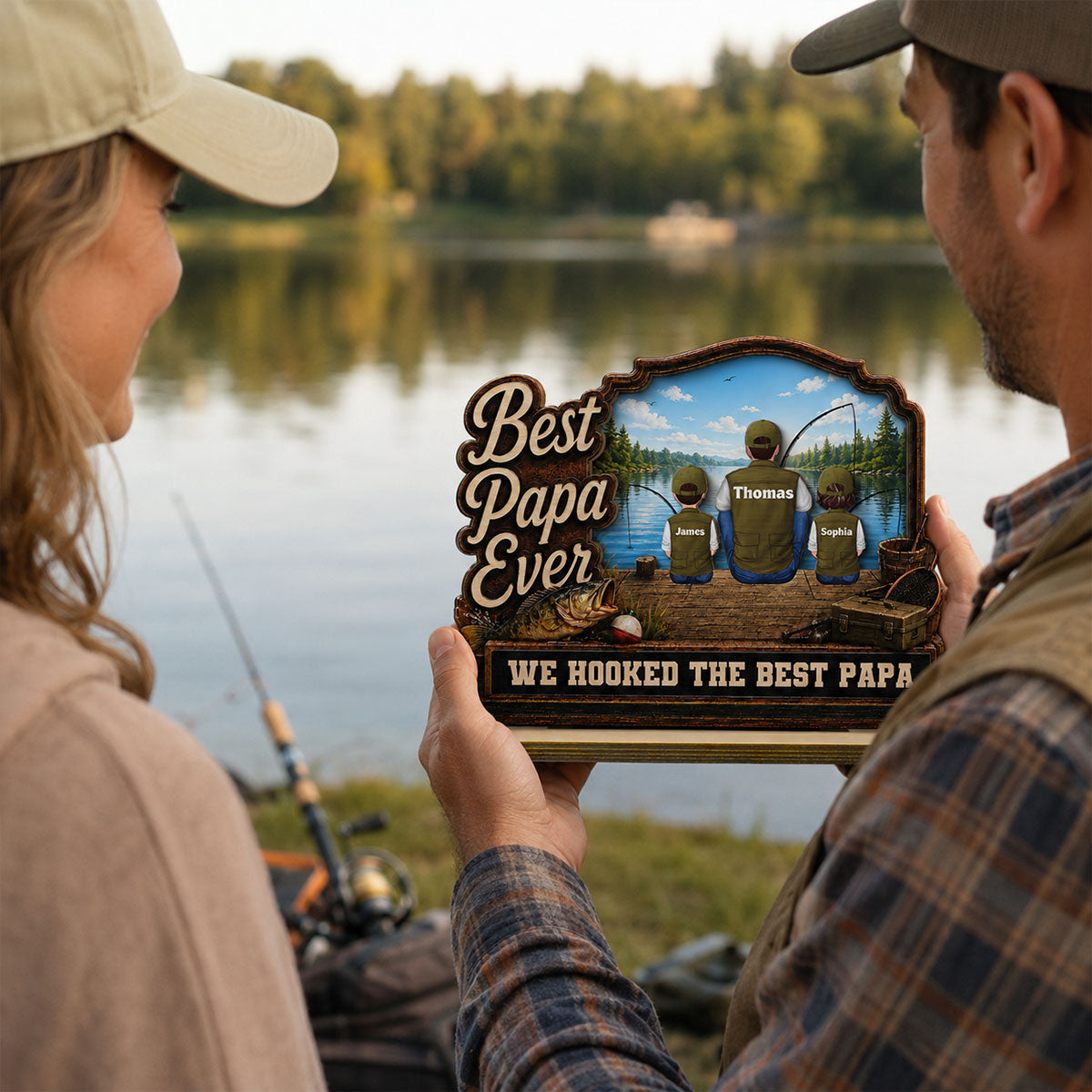 We Hooked The Best Dad Papa Fishing Man & Kids Back View 2D Flat - Personalized 2-Layered Wooden Plaque - Gift For Hunting Dad, Grandpa