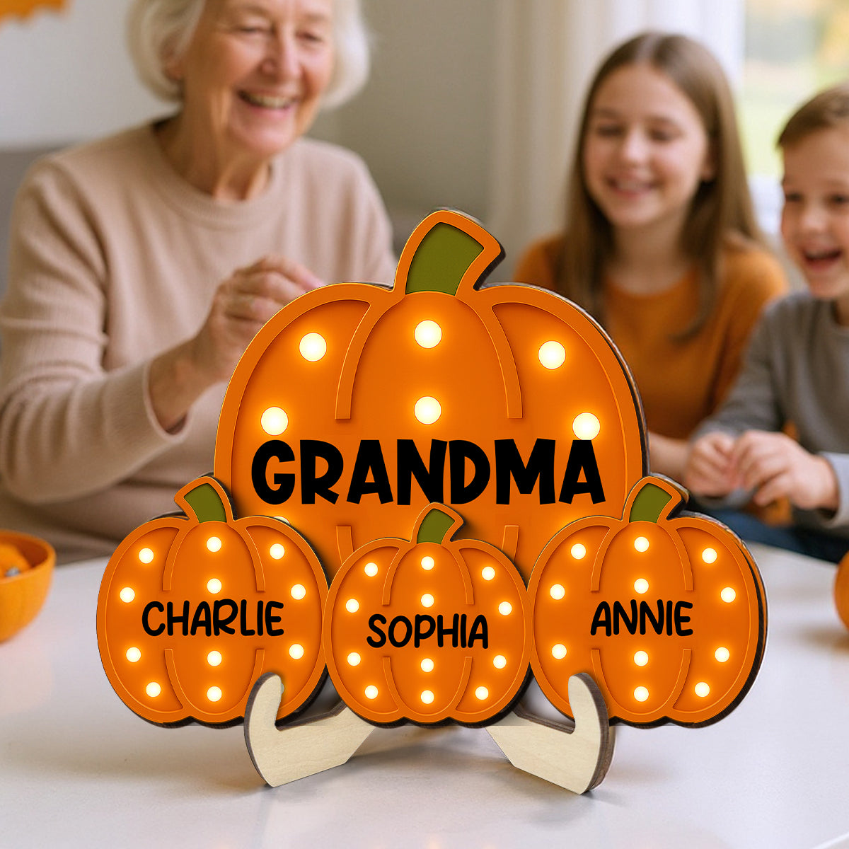 Grandma Little Pumpkins Faux Marquee Pattern Personalized 2-Layer Wooden Plaque, Cozy Fall Season Home Decor