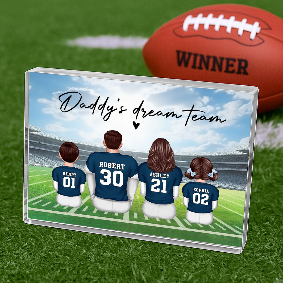 Daddy's Team Football Family Sitting Back View Personalized Acrylic Block, Gift