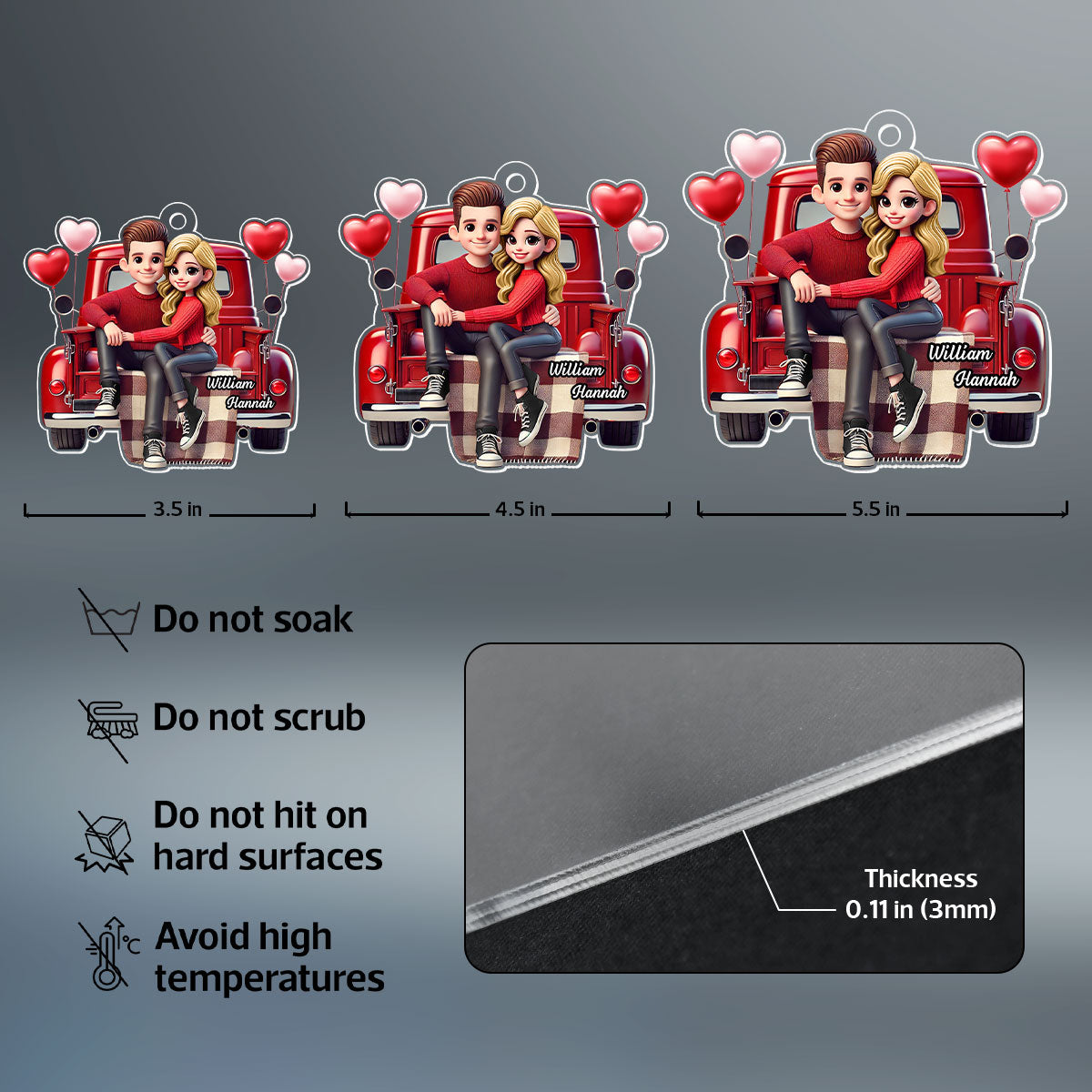 3D Effect Couple Sitting On Red Truck Personalized Acrylic Car Hanger, Gift, Anniversary Gift For Couples
