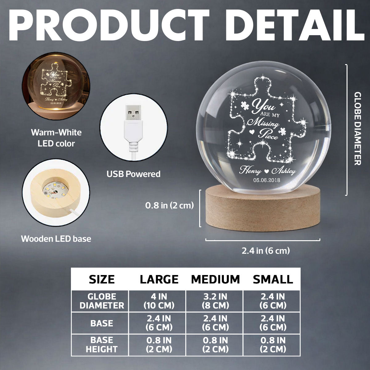 Couple You Are My Missing Piece - Personalized Crystal Ball LED Night Light - Heartfelt Anniversary Gift For Him, For Her