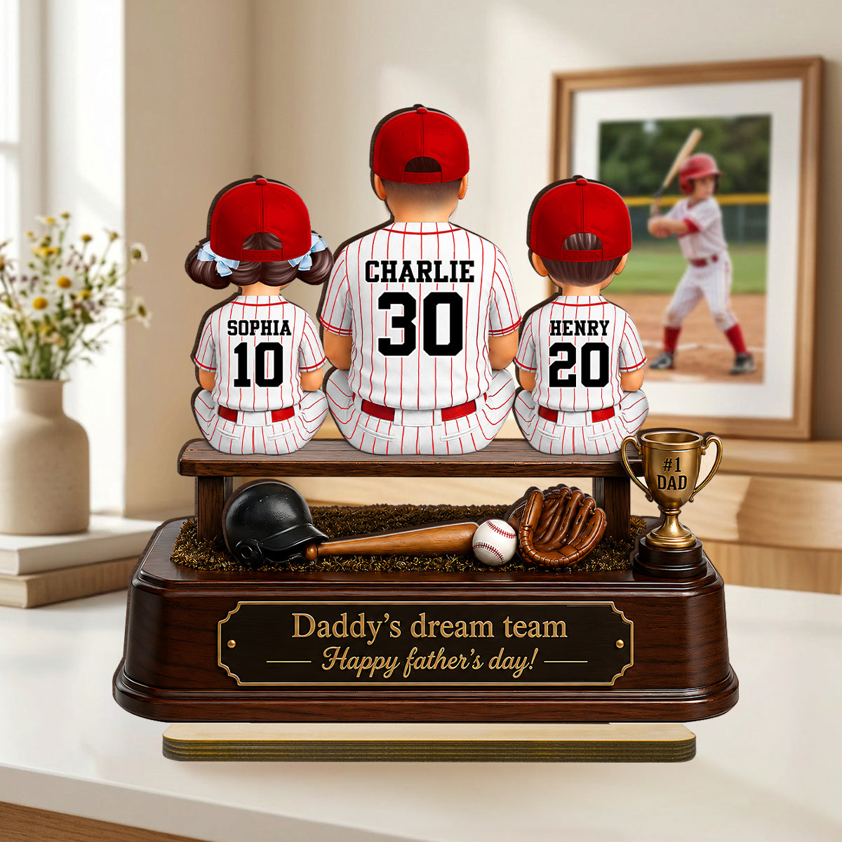 Baseball Daddy's Dream Team - Personalized 2-Layered Wooden Plaque - Gift for Dad, Husband