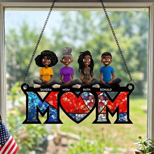 Mom We Love You USA Flag Pattern - Personalized Window Hanging Suncatcher