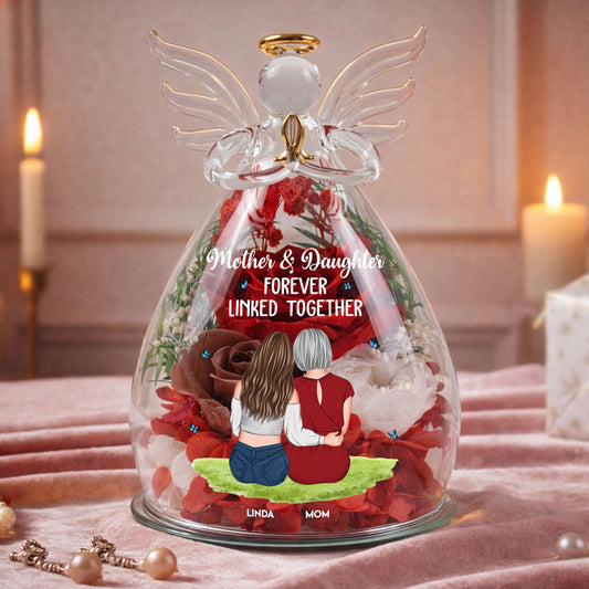 Mother & Daughter Forever Linked Together - Personalized Flower In Glass Angel Figurines