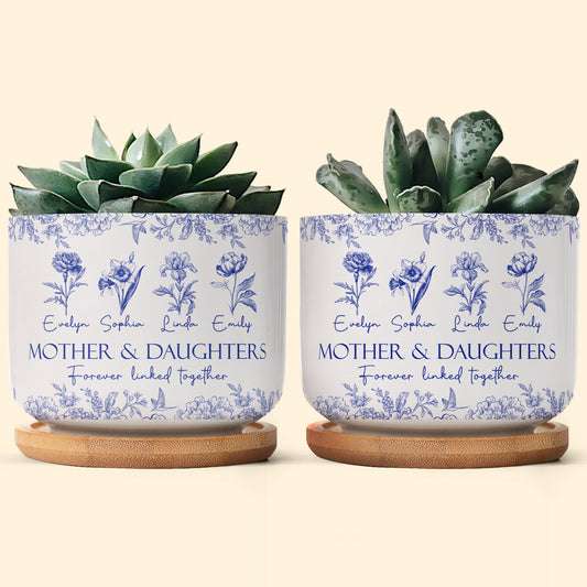 Mother & Daughters Forever Linked Together Birth Flower - Personalized Ceramic Plant Pot