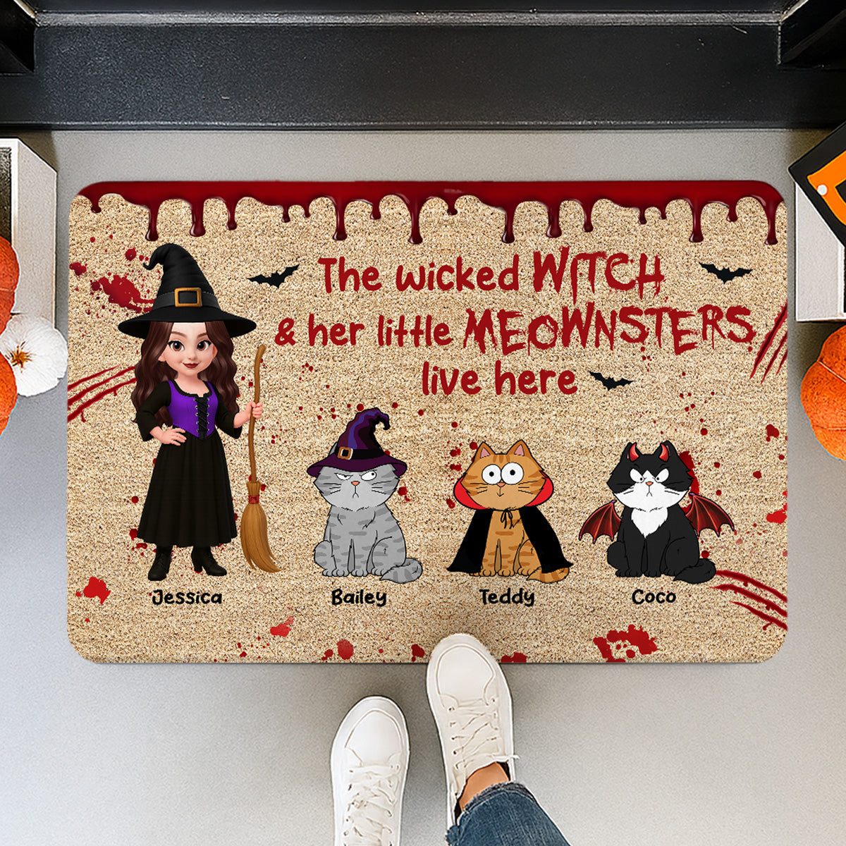 Halloween Wicked Witch And Little Monsters Cats Live Here Personalized Doormat