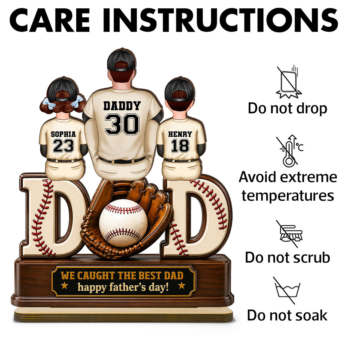 Dad And Children Baseball Gloves - Personalized 2-Layered Wooden Plaque - Gift for Dad, Husband