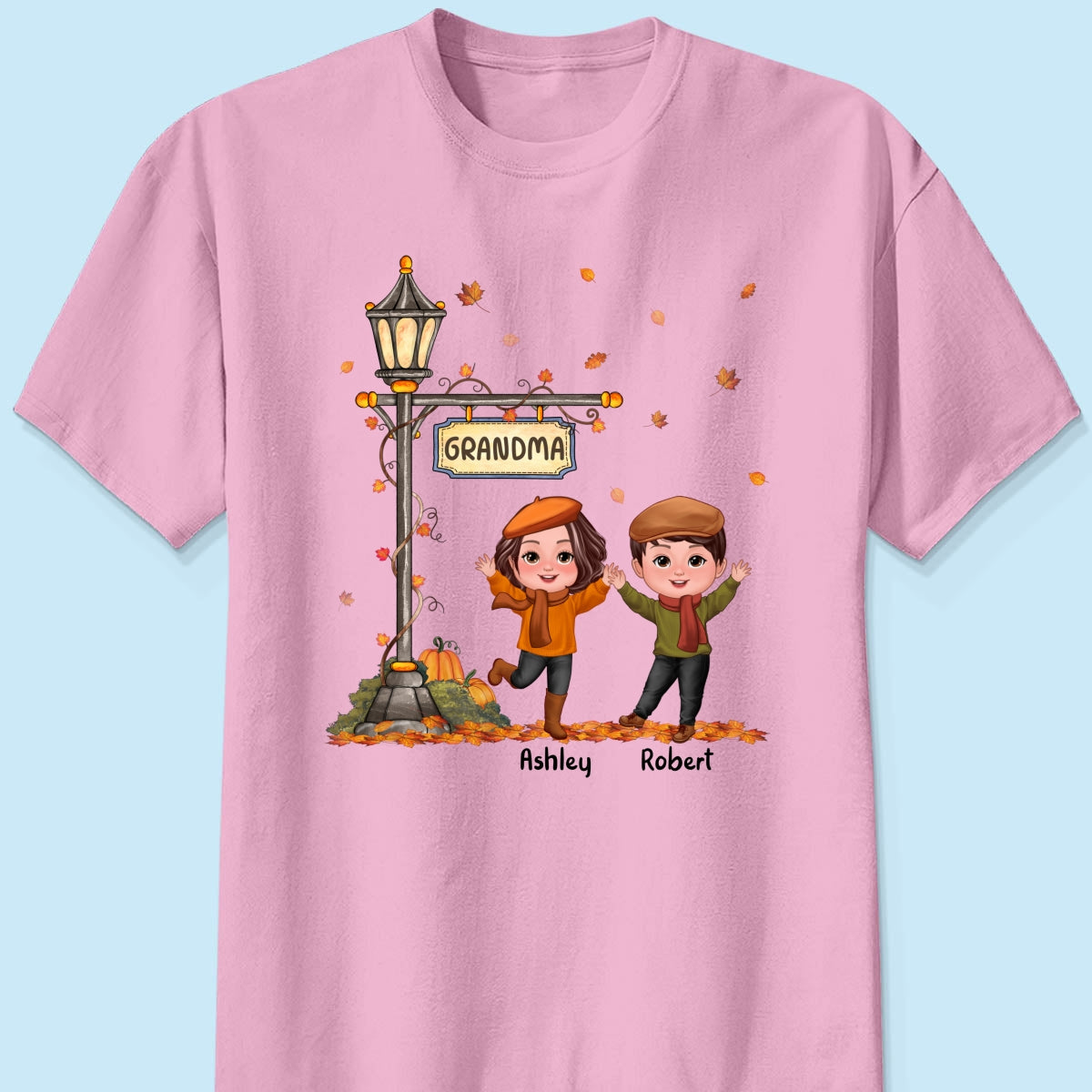 Fall Season Happy Doll Kids Under Lamp Post Personalized Shirt, Fall Season Gift For Grandma