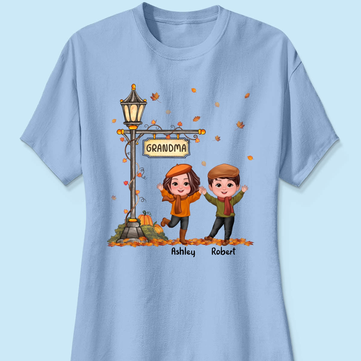 Fall Season Happy Doll Kids Under Lamp Post Personalized Shirt, Fall Season Gift For Grandma
