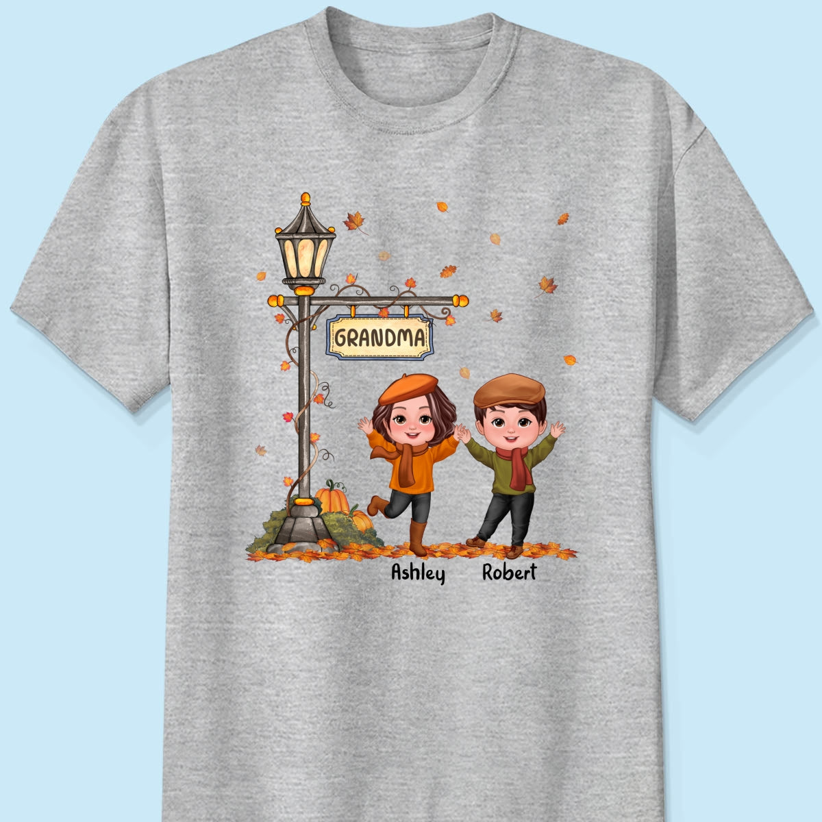 Fall Season Happy Doll Kids Under Lamp Post Personalized Shirt, Fall Season Gift For Grandma