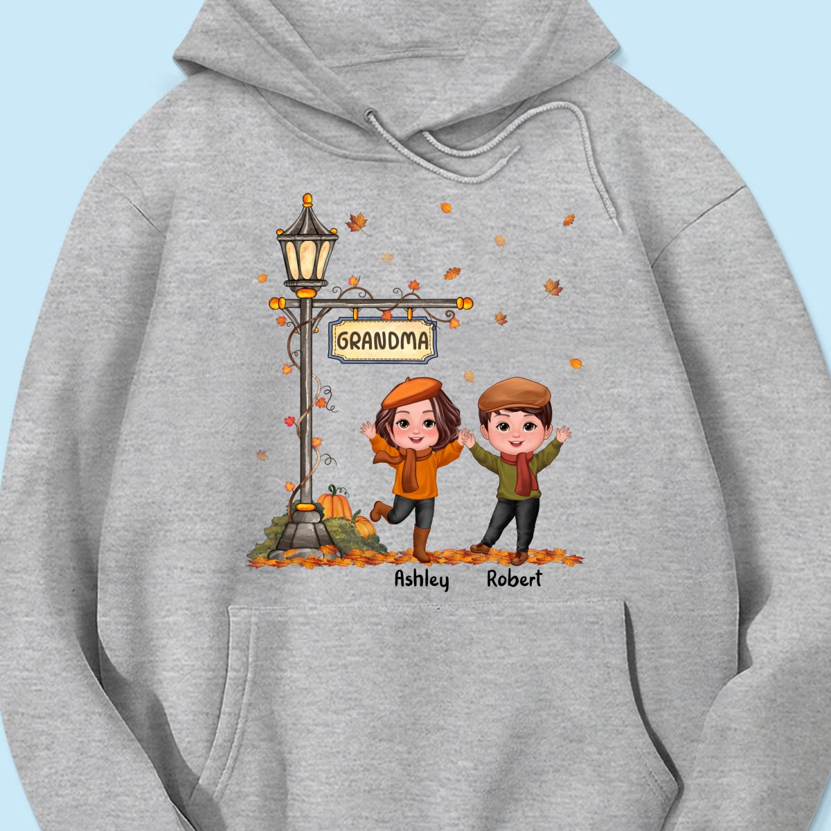Fall Season Happy Doll Kids Under Lamp Post Personalized Shirt, Fall Season Gift For Grandma