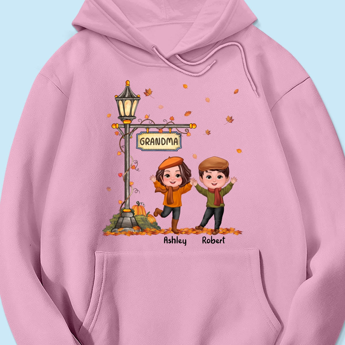 Fall Season Happy Doll Kids Under Lamp Post Personalized Shirt, Fall Season Gift For Grandma