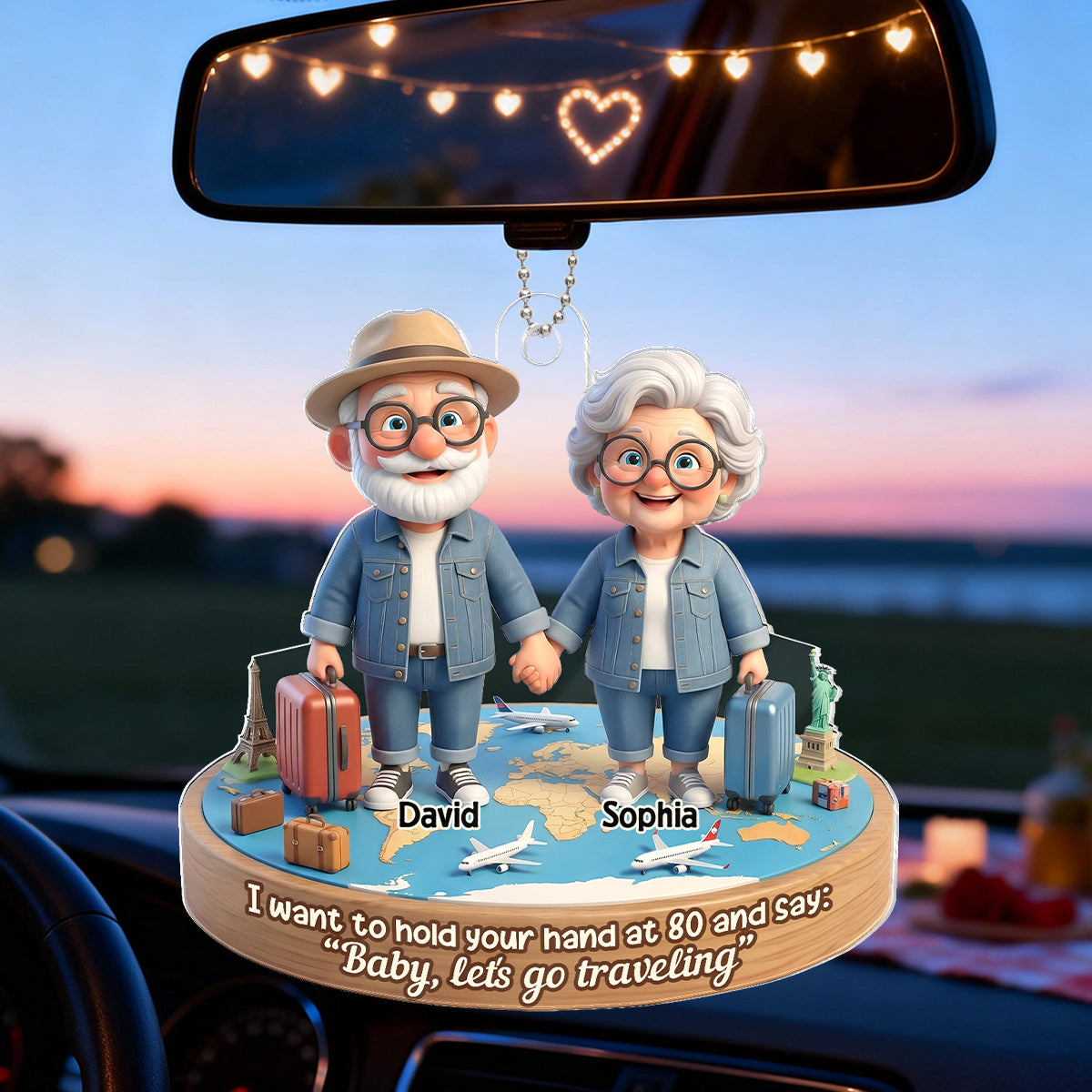 3D Effect Old Couple Baby Let's Go Traveling - Personalized Acrylic Car Hanger - Sentimental Gift for him, for her