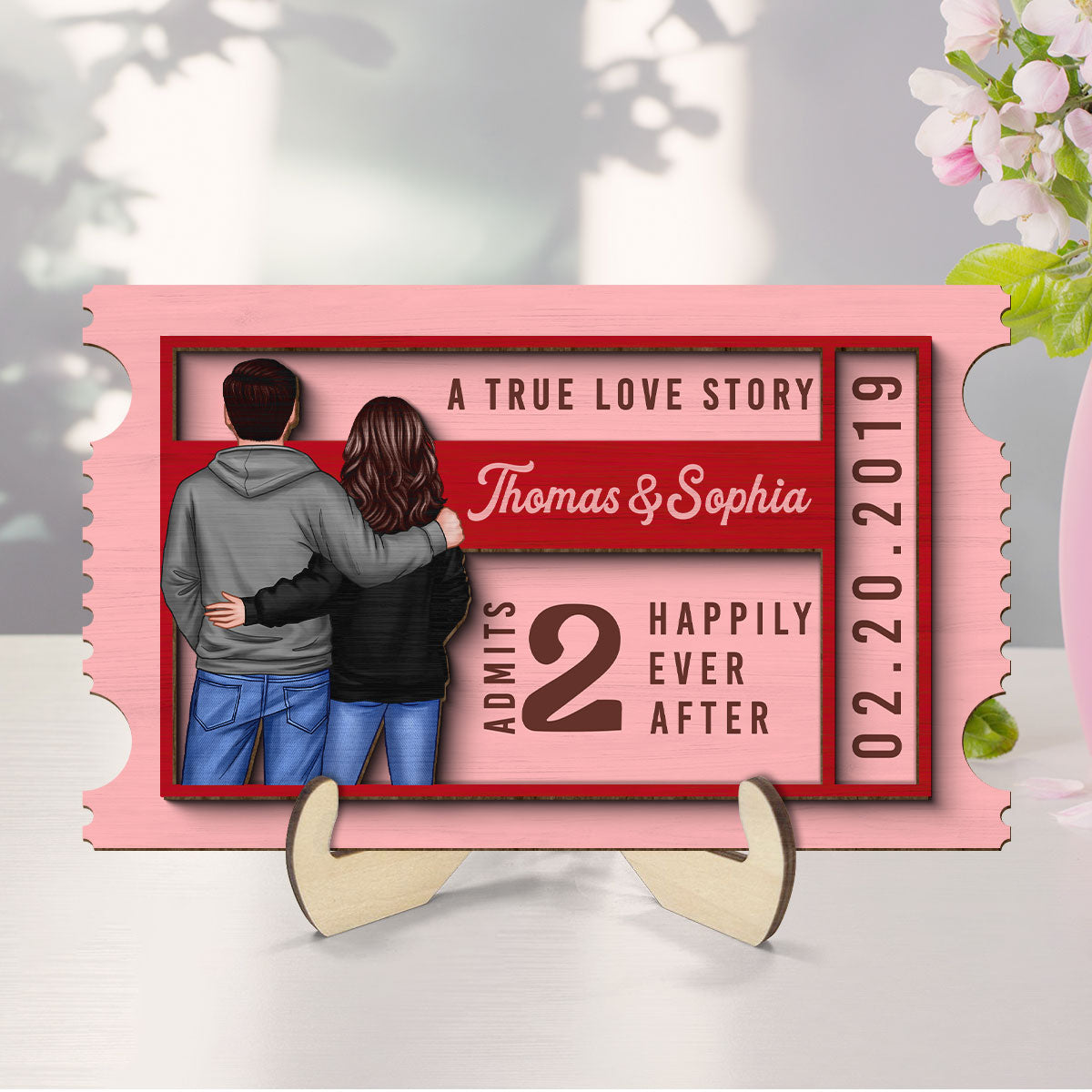 Couple True Love Story Ticket Personalized 2-Layer Wooden Plaque