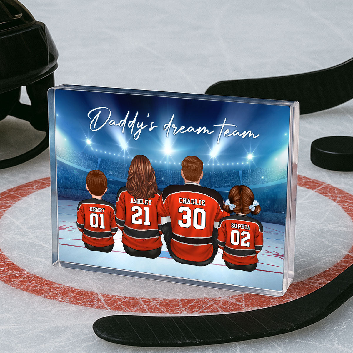 Daddy's Team Hockey Family Sitting Personalized Acrylic Block, Unique Gift for Dad, Gift for Husband